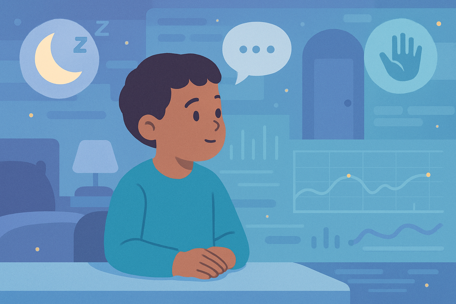 Enfant entouré de repères liés au sommeil, à la communication et aux transitions, avec une interface numérique abstraite en arrière-plan