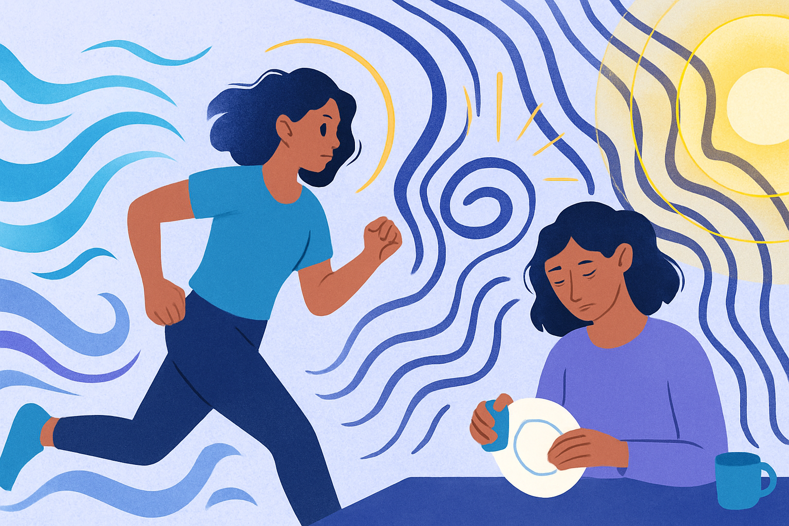 Personne en transition entre mouvement recherché et sensations envahissantes