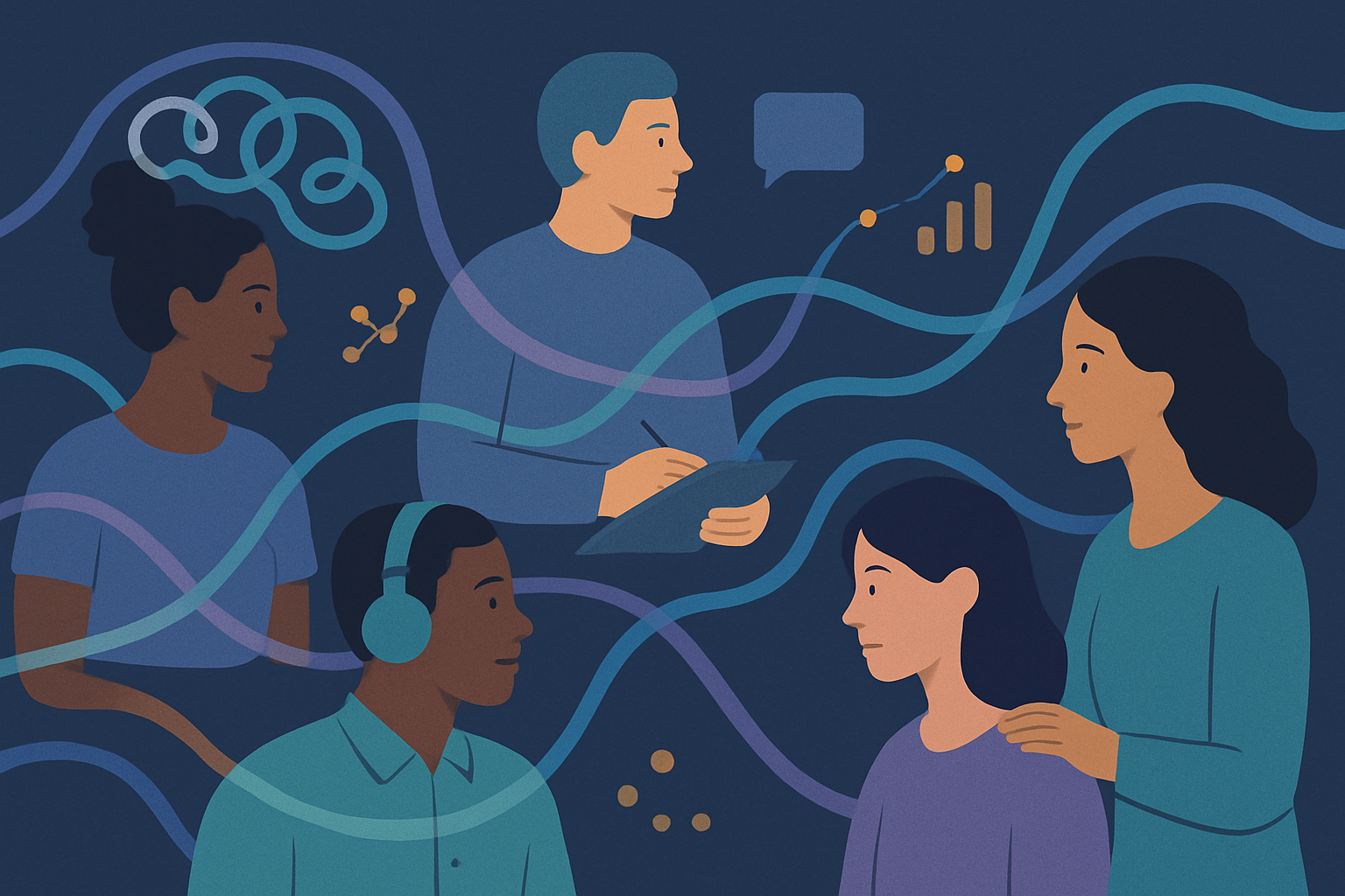 Trajectoires croisées symbolisant la recherche sur l’autisme, le TDAH et les profils AuDHD
