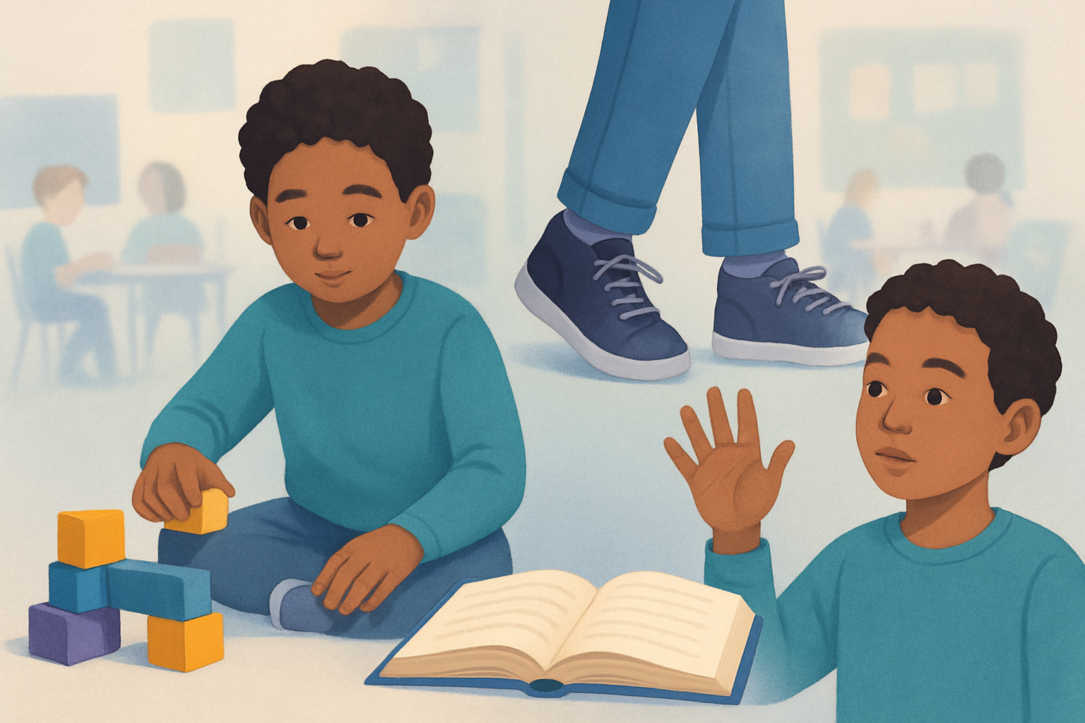 Enfant entouré d’objets évoquant le langage, la motricité, l’attention et les apprentissages
